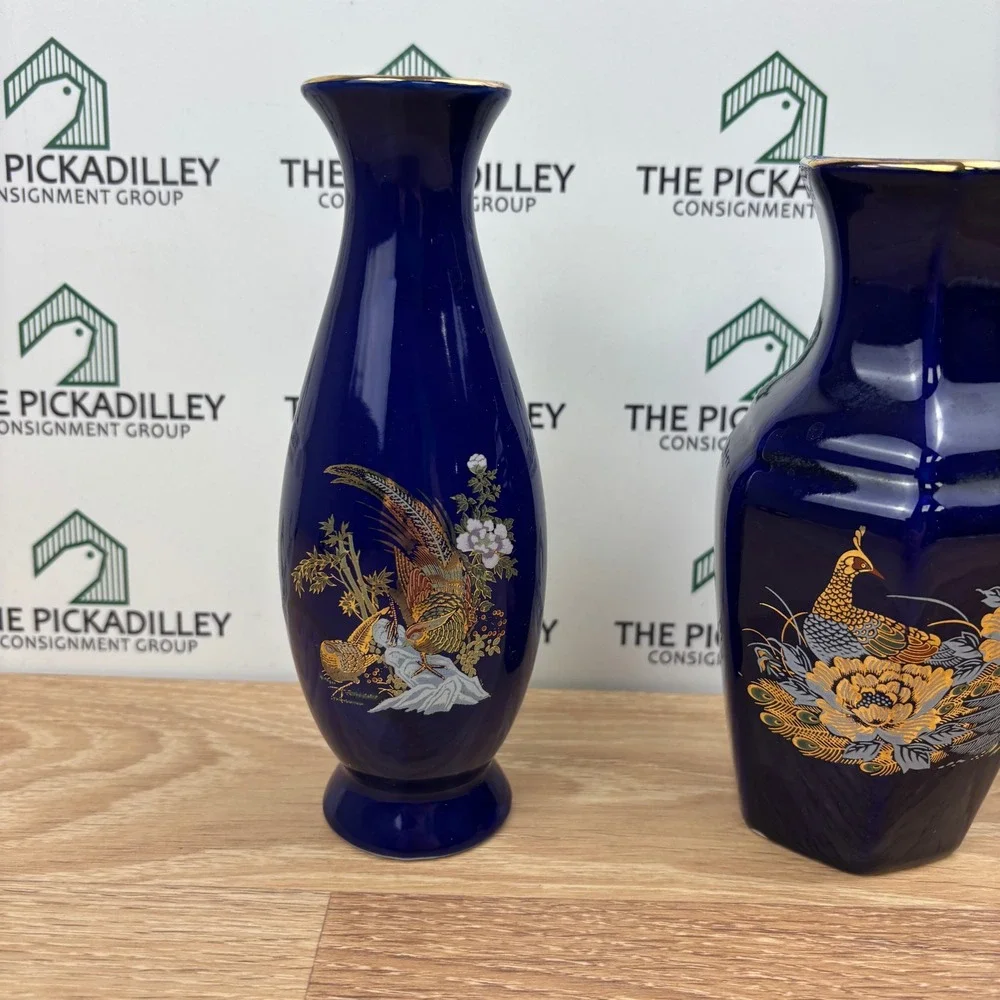 Vintage Cobalt Blue Gold Peacock Porcelain Bud Vase Set 3 Chinoiserie Floral